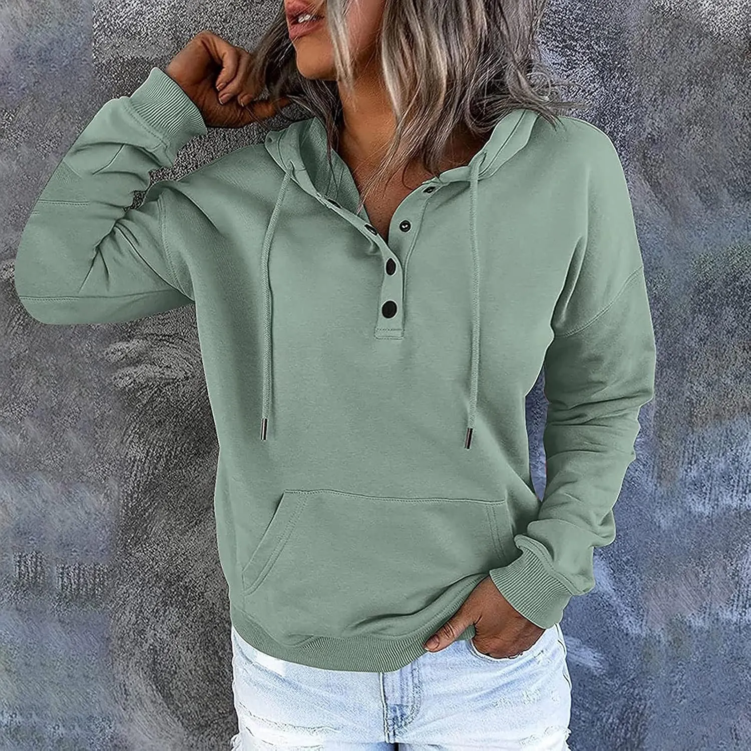 LRMQS Hoodies for Women Fall Fashion 2024 Button Drawstring Hooded Sweatshirt with Pocket Trendy Casual Loose Cute Pullover