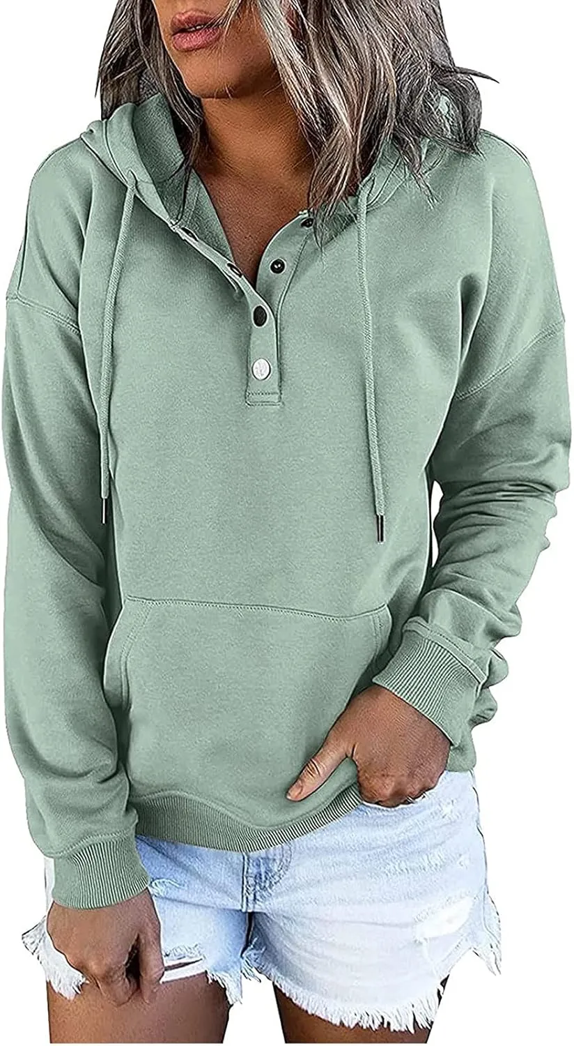 LRMQS Hoodies for Women Fall Fashion 2024 Button Drawstring Hooded Sweatshirt with Pocket Trendy Casual Loose Cute Pullover