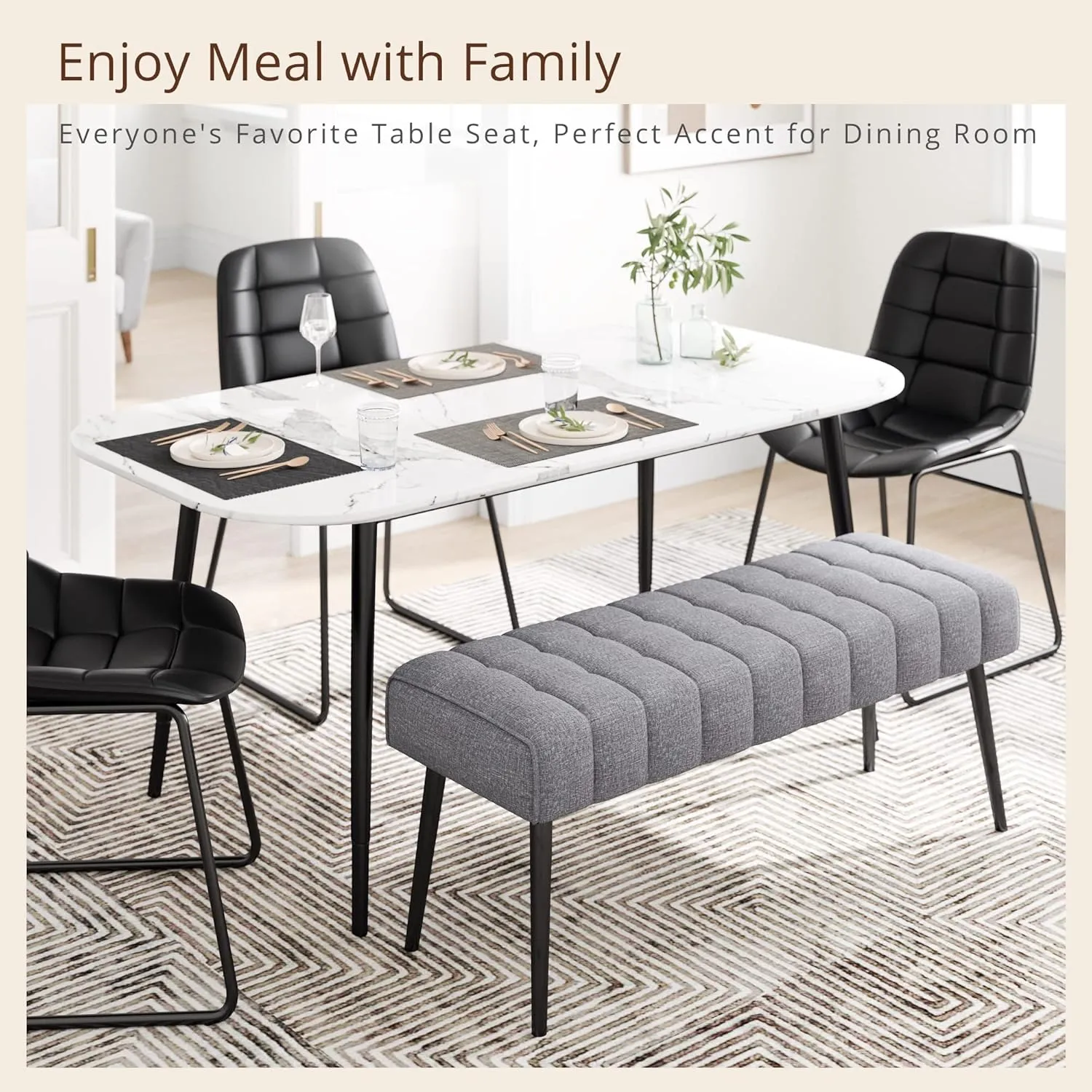 LUE BONA 44.5” End of Bed Bench, Linen Tufted Upholstered Bedroom Benches, Modern Ottoman Bench with Metal Legs Storage for Living Room, Entryway, Dining Room, 300LB, Gray