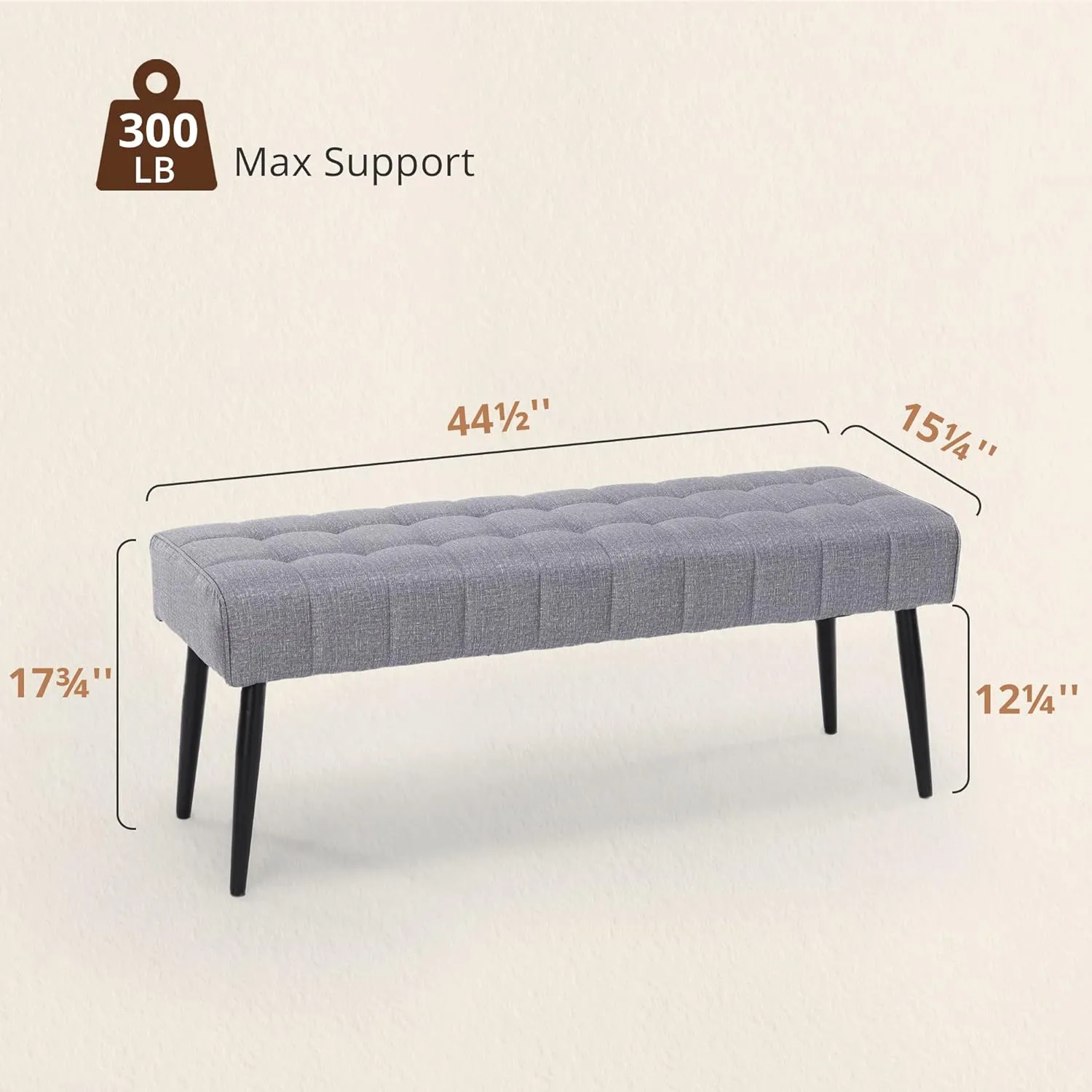 LUE BONA 44.5” End of Bed Bench, Linen Tufted Upholstered Bedroom Benches, Modern Ottoman Bench with Metal Legs Storage for Living Room, Entryway, Dining Room, 300LB, Gray
