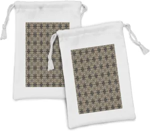 Lunarable Tribal Fabric Pouch Set of 2, Ethnic Bohemian Culture Damask Pattern Funky Earth Tones Aboriginal Pattern, Small Drawstring Bag for Toiletries Masks and Favors, 9" x 6", Dark Grey and Tan