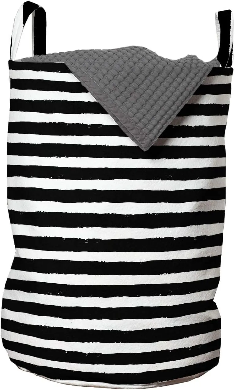 Lunarable White Laundry Bag, Stroke Style Horizontal Grunge Lines Modernistic Striped Illustration, Hamper Basket with Handles Drawstring Closure for Laundromats, 13" x 19", Charcoal Grey and White