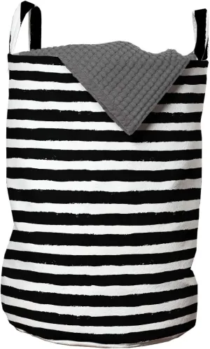 Lunarable White Laundry Bag, Stroke Style Horizontal Grunge Lines Modernistic Striped Illustration, Hamper Basket with Handles Drawstring Closure for Laundromats, 13" x 19", Charcoal Grey and White