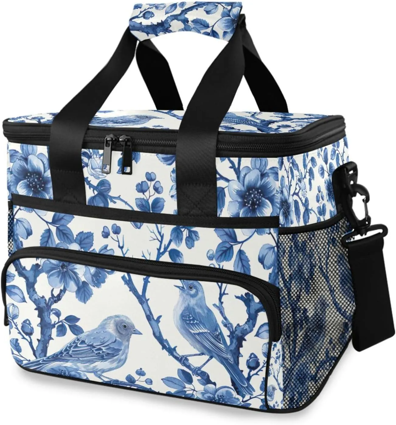 Lunch Bag Blue White Porcelain Pattern Insulated Cooler Bag Reusable Lunch Box with Shoulder Strap for Picnic Hiking Camping Work