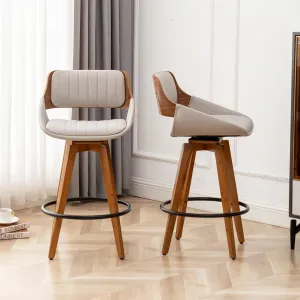 LUNLING Swivel Bar Stools Set of 2 Mid Century Modern Faux Leather Upholstered Bar Height Barstools,Kitchen Island Wooden Bar Chairs,29.5-Inch Armless Counter Stools with Wood Back and Legs,Gray