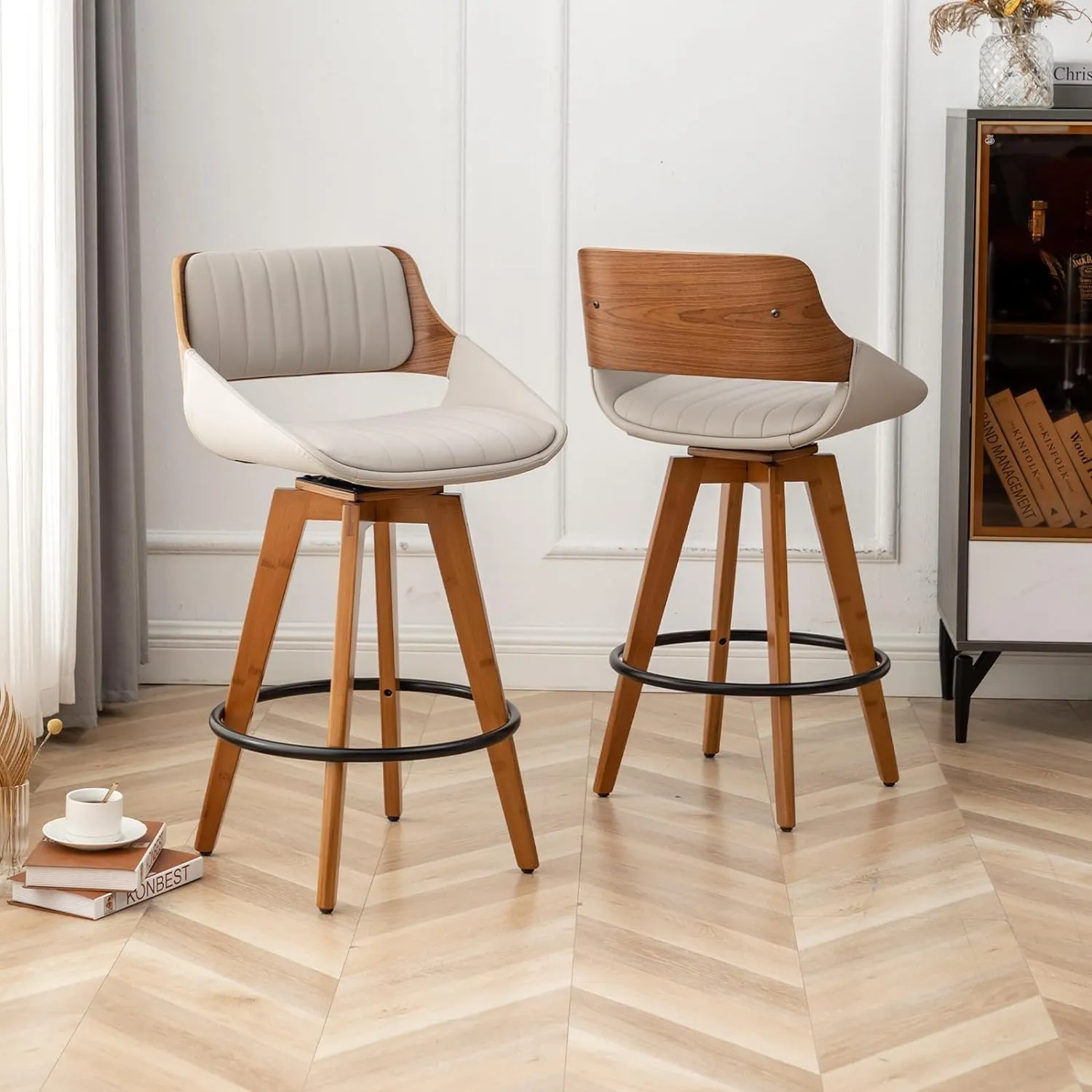 LUNLING Swivel Bar Stools Set of 2 Mid Century Modern Faux Leather Upholstered Bar Height Barstools,Kitchen Island Wooden Bar Chairs,29.5-Inch Armless Counter Stools with Wood Back and Legs,Gray