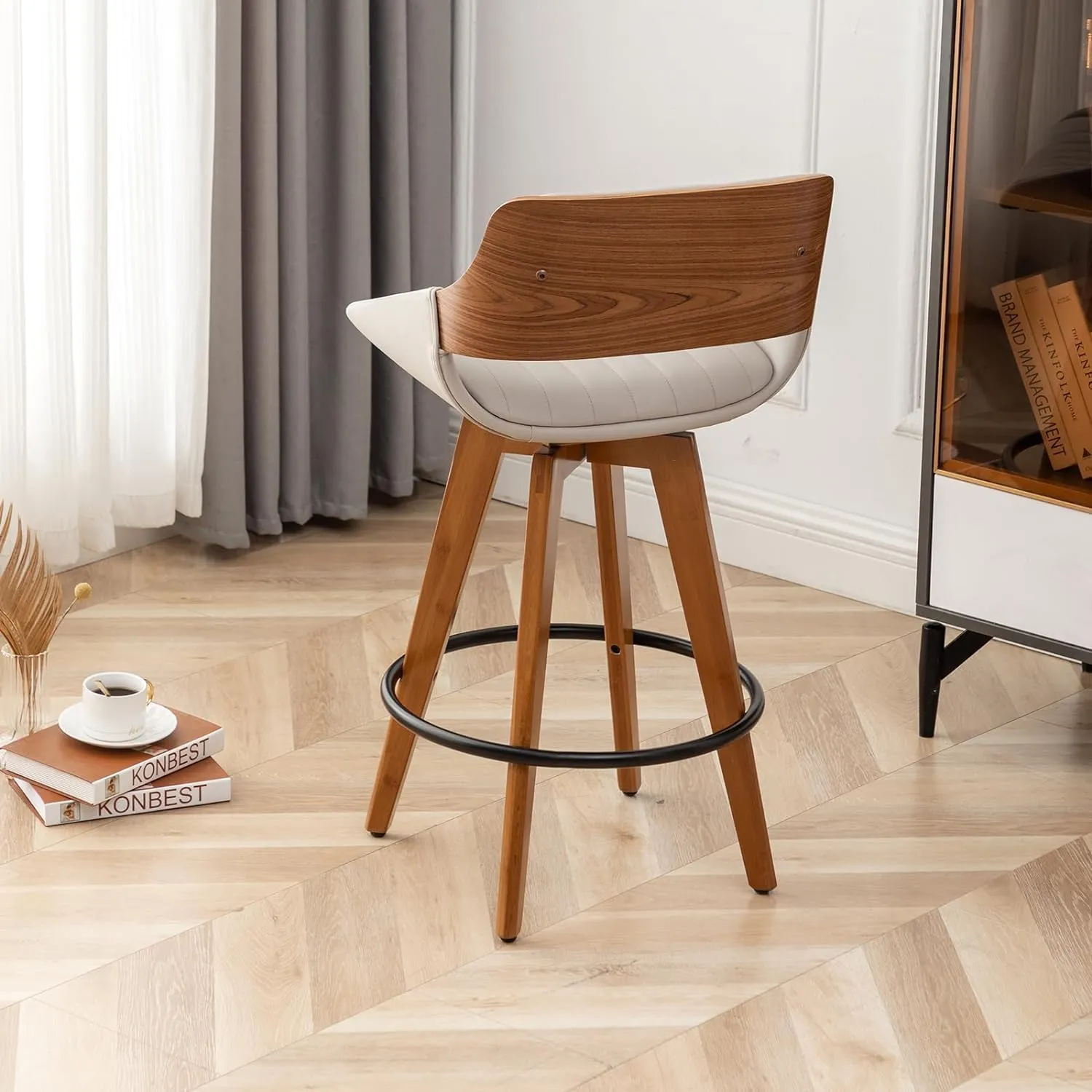 LUNLING Swivel Bar Stools Set of 2 Mid Century Modern Faux Leather Upholstered Bar Height Barstools,Kitchen Island Wooden Bar Chairs,29.5-Inch Armless Counter Stools with Wood Back and Legs,Gray