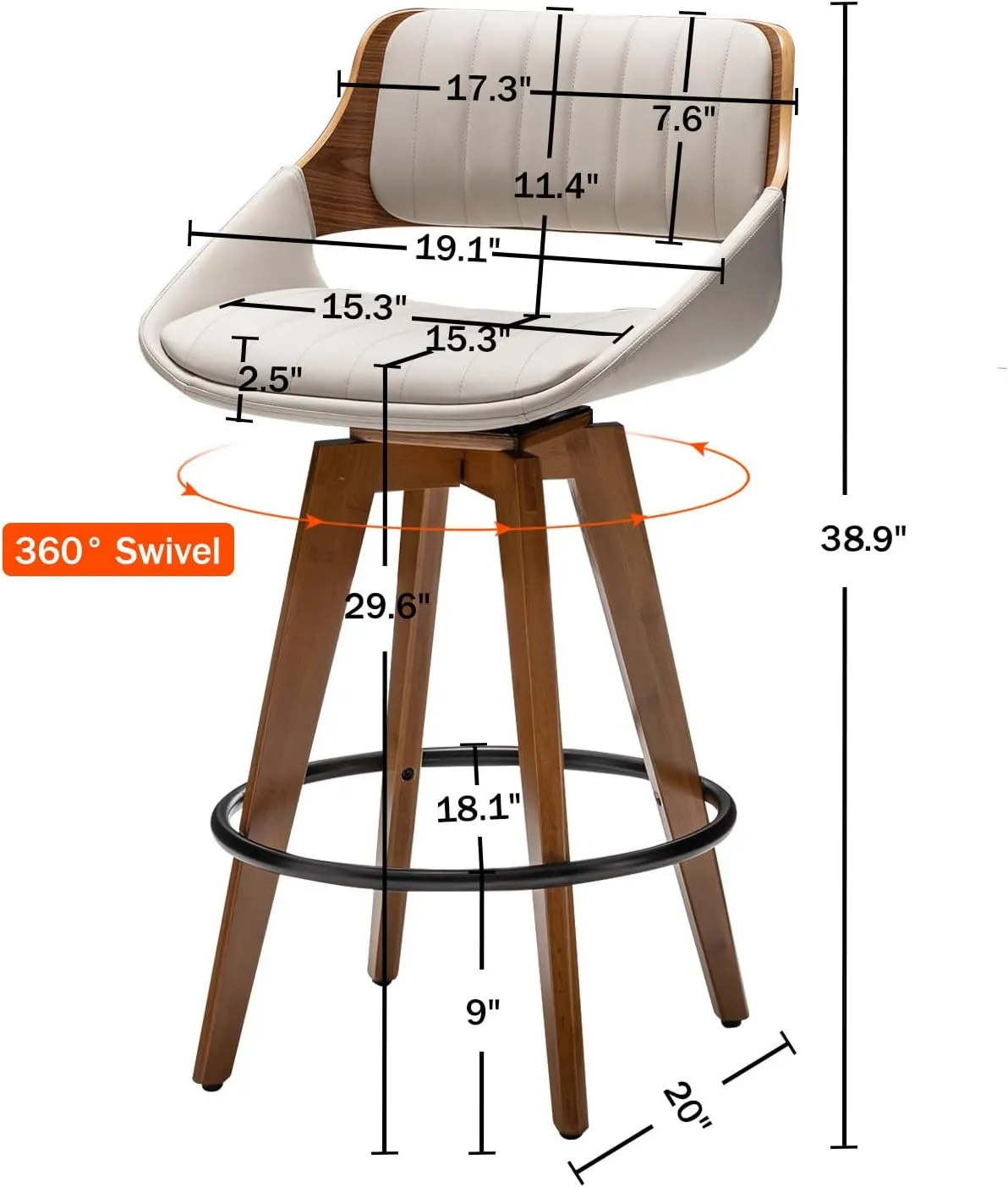 LUNLING Swivel Bar Stools Set of 2 Mid Century Modern Faux Leather Upholstered Bar Height Barstools,Kitchen Island Wooden Bar Chairs,29.5-Inch Armless Counter Stools with Wood Back and Legs,Gray