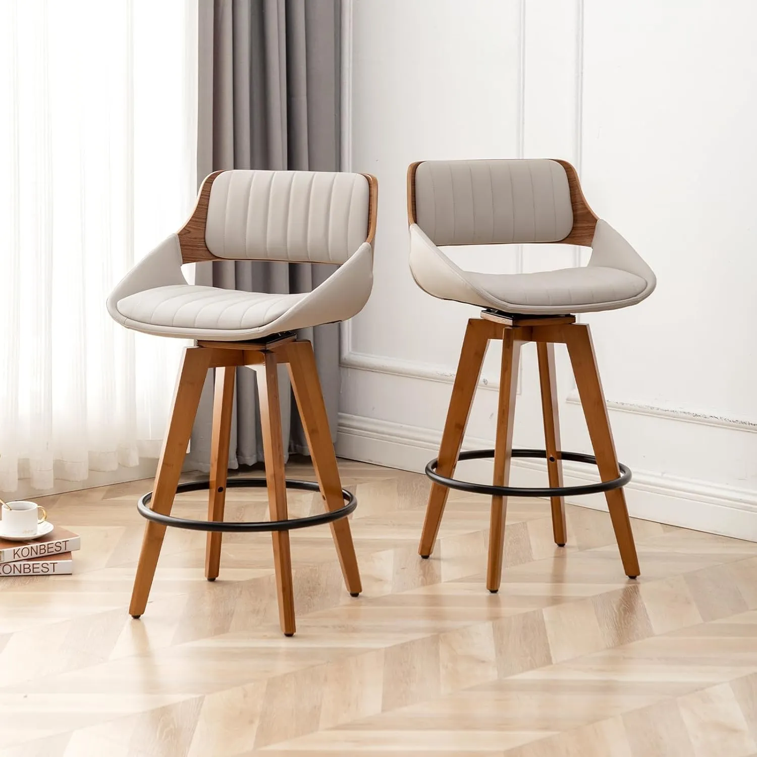 LUNLING Swivel Bar Stools Set of 2 Mid Century Modern Faux Leather Upholstered Bar Height Barstools,Kitchen Island Wooden Bar Chairs,29.5-Inch Armless Counter Stools with Wood Back and Legs,Gray