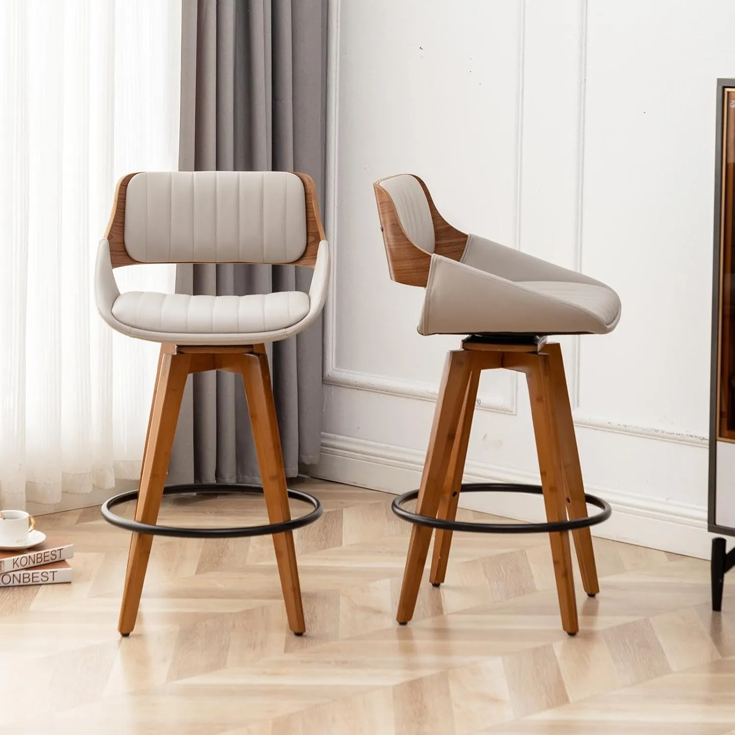 LUNLING Swivel Bar Stools Set of 2 Mid Century Modern Faux Leather Upholstered Bar Height Barstools,Kitchen Island Wooden Bar Chairs,29.5-Inch Armless Counter Stools with Wood Back and Legs,Gray