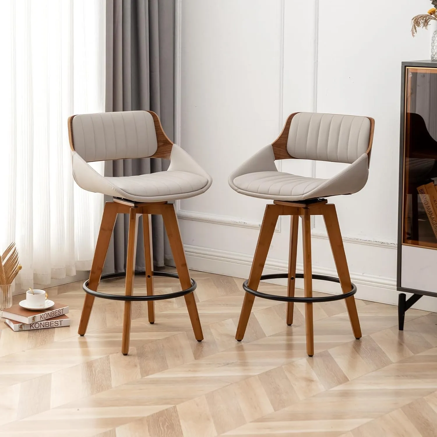 LUNLING Swivel Bar Stools Set of 2 Mid Century Modern Faux Leather Upholstered Bar Height Barstools,Kitchen Island Wooden Bar Chairs,29.5-Inch Armless Counter Stools with Wood Back and Legs,Gray