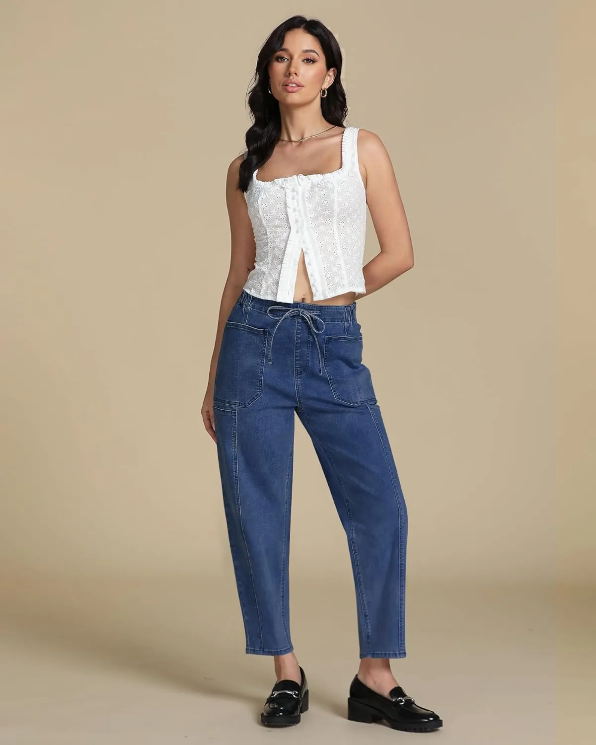 luvamia Barrel Jeans Women Trendy High Waisted Pull On Drawstring Elastic Waist Stretchy Denim Pants with Utility Pocket