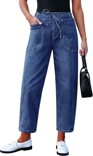 luvamia Barrel Jeans Women Trendy High Waisted Pull On Drawstring Elastic Waist Stretchy Denim Pants with Utility Pocket