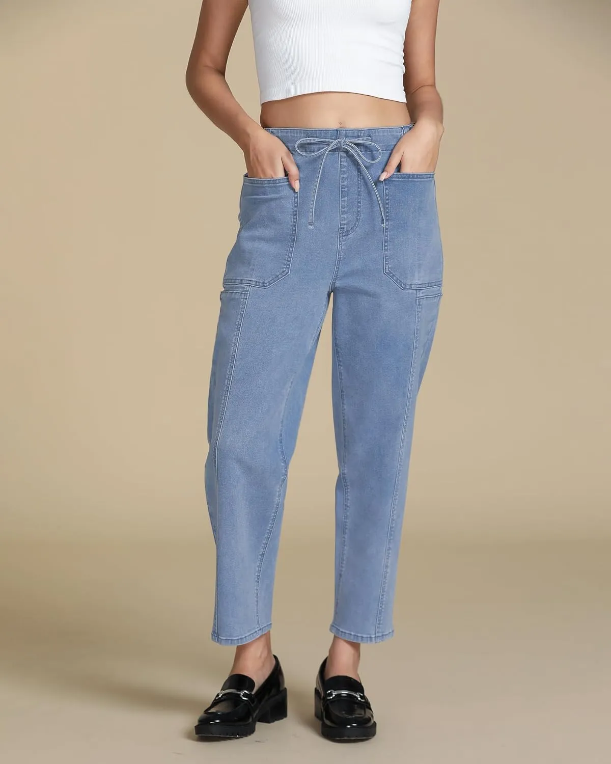 luvamia Barrel Jeans Women Trendy High Waisted Pull On Drawstring Elastic Waist Stretchy Denim Pants with Utility Pocket