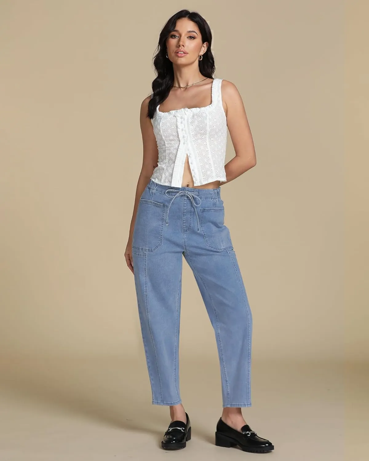 luvamia Barrel Jeans Women Trendy High Waisted Pull On Drawstring Elastic Waist Stretchy Denim Pants with Utility Pocket