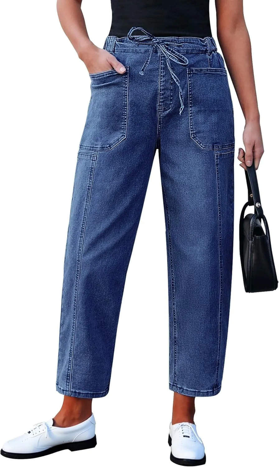 luvamia Barrel Jeans Women Trendy High Waisted Pull On Drawstring Elastic Waist Stretchy Denim Pants with Utility Pocket