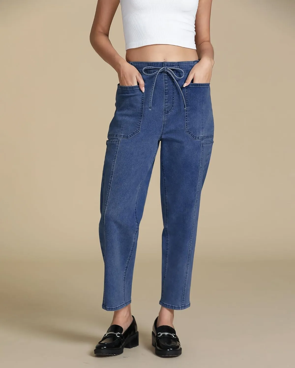 luvamia Barrel Jeans Women Trendy High Waisted Pull On Drawstring Elastic Waist Stretchy Denim Pants with Utility Pocket