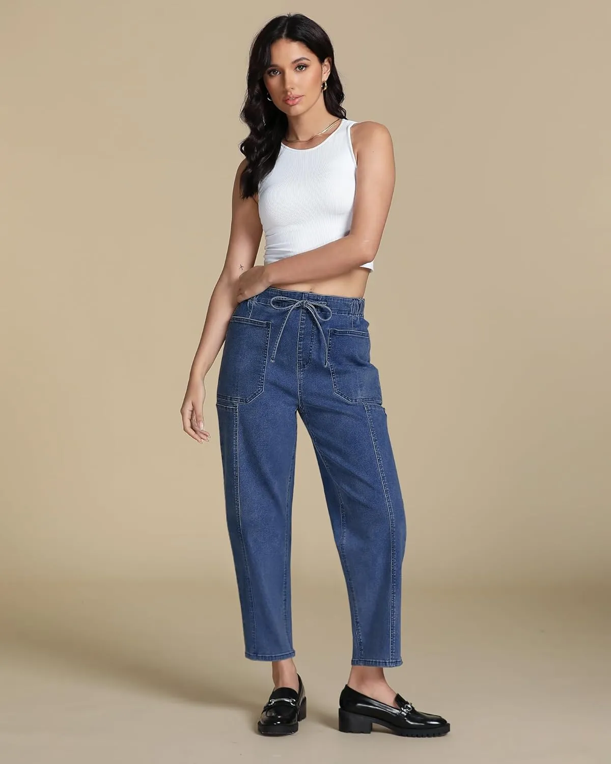 luvamia Barrel Jeans Women Trendy High Waisted Pull On Drawstring Elastic Waist Stretchy Denim Pants with Utility Pocket