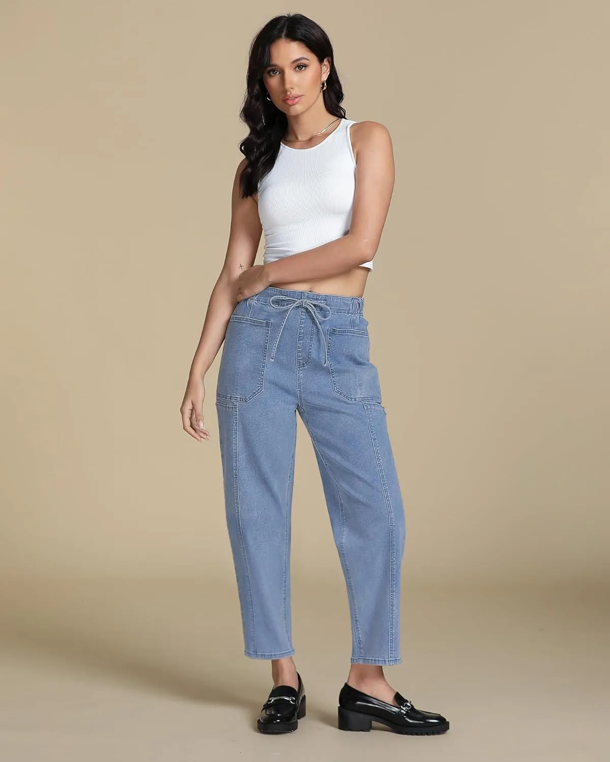 luvamia Barrel Jeans Women Trendy High Waisted Pull On Drawstring Elastic Waist Stretchy Denim Pants with Utility Pocket