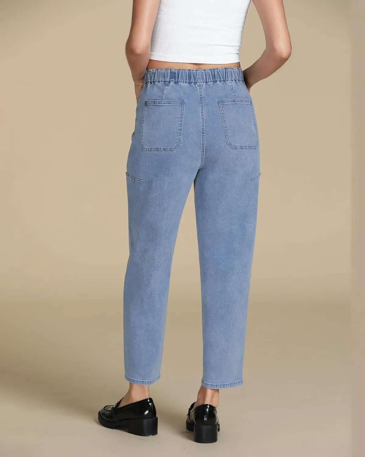 luvamia Barrel Jeans Women Trendy High Waisted Pull On Drawstring Elastic Waist Stretchy Denim Pants with Utility Pocket
