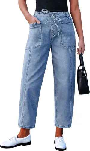 luvamia Barrel Jeans Women Trendy High Waisted Pull On Drawstring Elastic Waist Stretchy Denim Pants with Utility Pocket