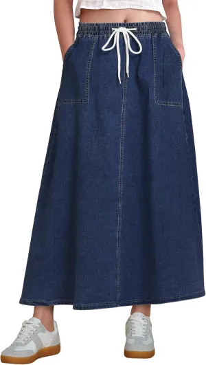 luvamia Denim Skirts for Women Trendy A Line Long Maxi Pull On Elastic Waist Drawstring Stretchy Jean Skirt with Pockets