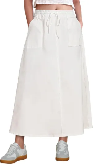 luvamia Denim Skirts for Women Trendy A Line Long Maxi Pull On Elastic Waist Drawstring Stretchy Jean Skirt with Pockets