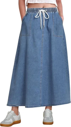 luvamia Denim Skirts for Women Trendy A Line Long Maxi Pull On Elastic Waist Drawstring Stretchy Jean Skirt with Pockets