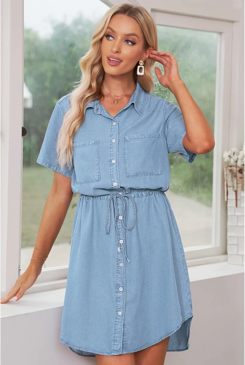 luvamia Women Casual Denim Dress Short Sleeve Tie Waist Classic Jean Shirt Dress