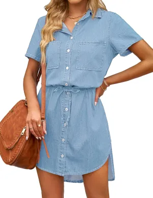 luvamia Women Casual Denim Dress Short Sleeve Tie Waist Classic Jean Shirt Dress
