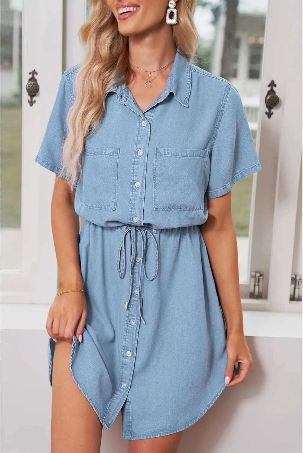luvamia Women Casual Denim Dress Short Sleeve Tie Waist Classic Jean Shirt Dress