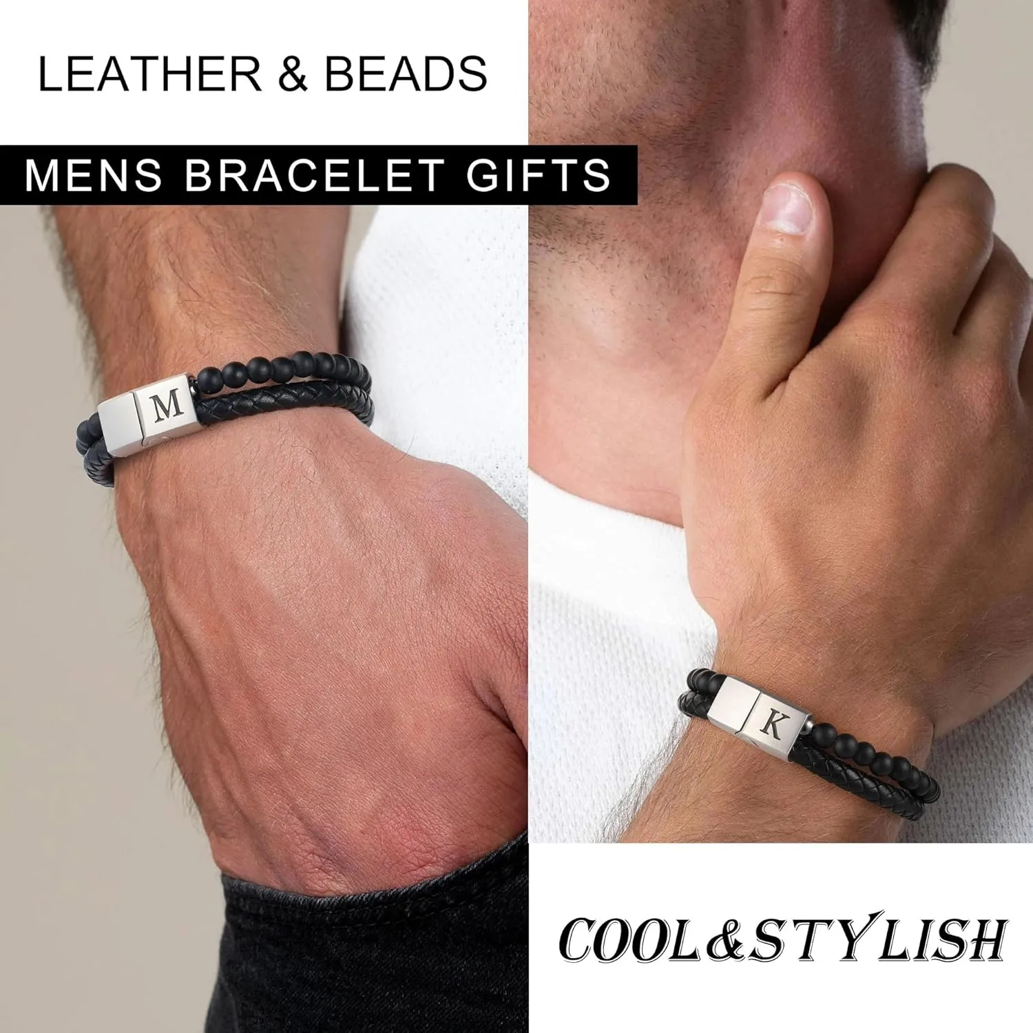 LUXEJEW Gifts for Men - Mens Bracelet, Beaded Leather Initial Bracelet 6mm Matte Agate Stone Handmade Bracelets Adjustable Stainless Steel Magnetic Clasp Mens Jewelry Gifts