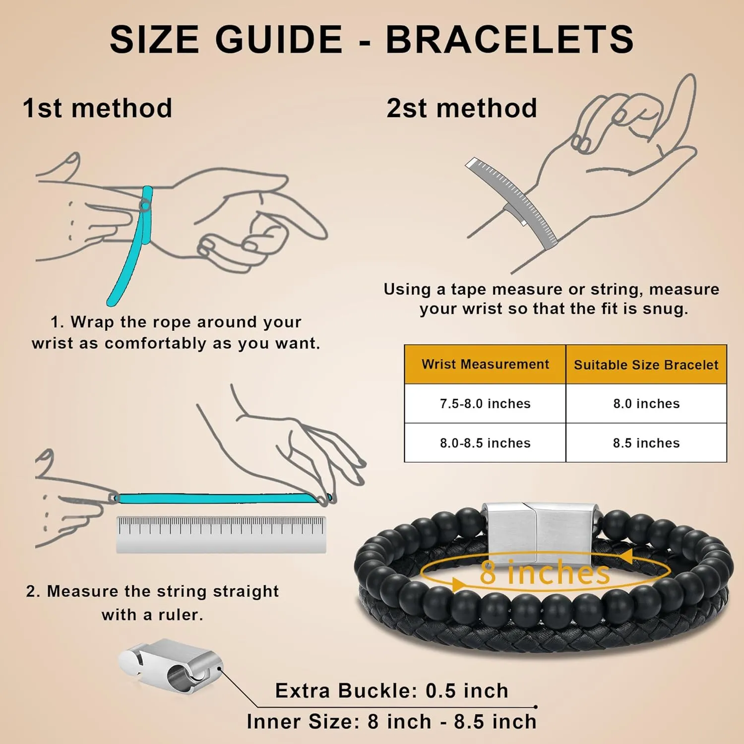 LUXEJEW Gifts for Men - Mens Bracelet, Beaded Leather Initial Bracelet 6mm Matte Agate Stone Handmade Bracelets Adjustable Stainless Steel Magnetic Clasp Mens Jewelry Gifts