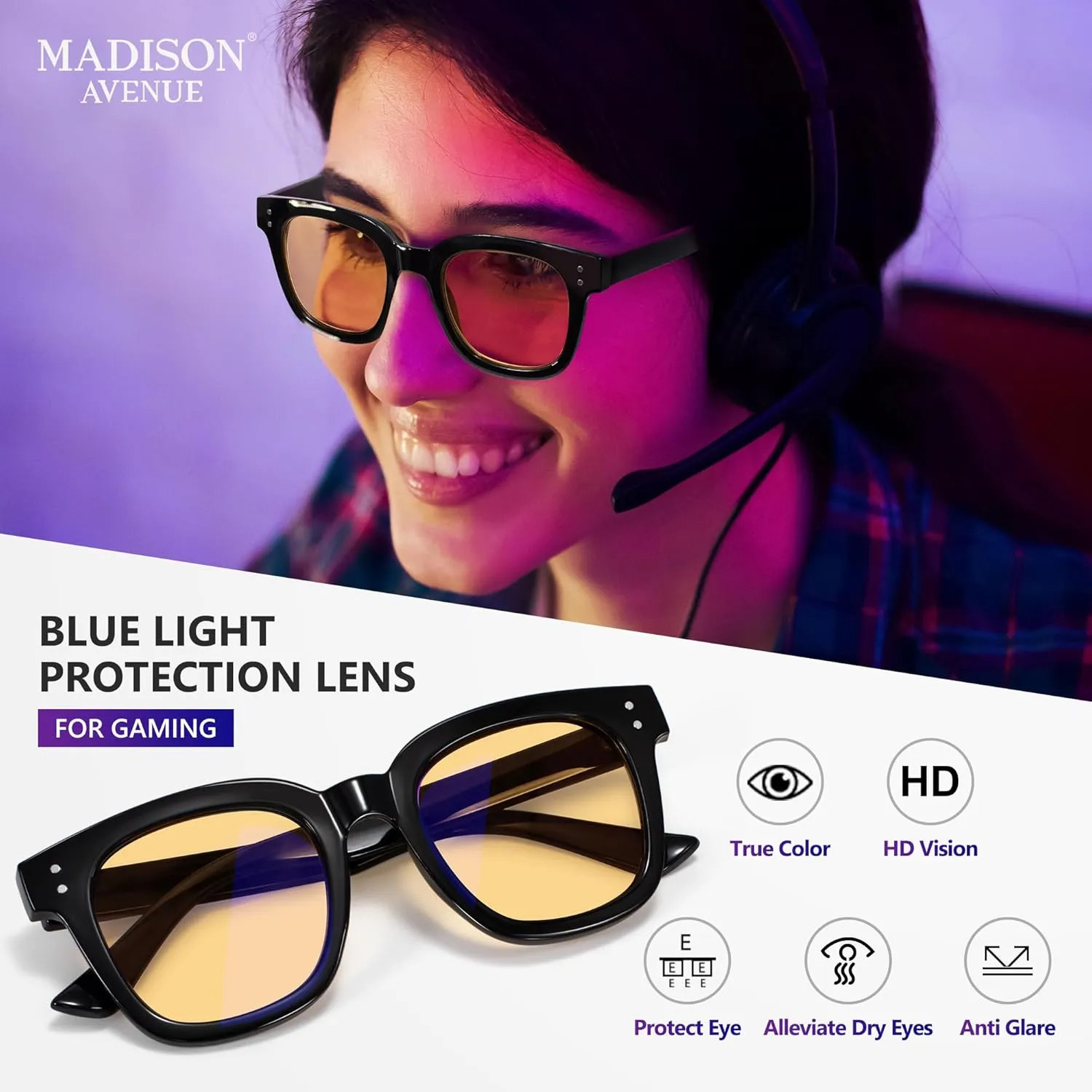 Madison Avenue Blue Light Blocking Computer Glasses Oversized Blue Light Glasses for Women Men Anti Eyestrain & UV Protection Gaming Eyeglasses(Black)