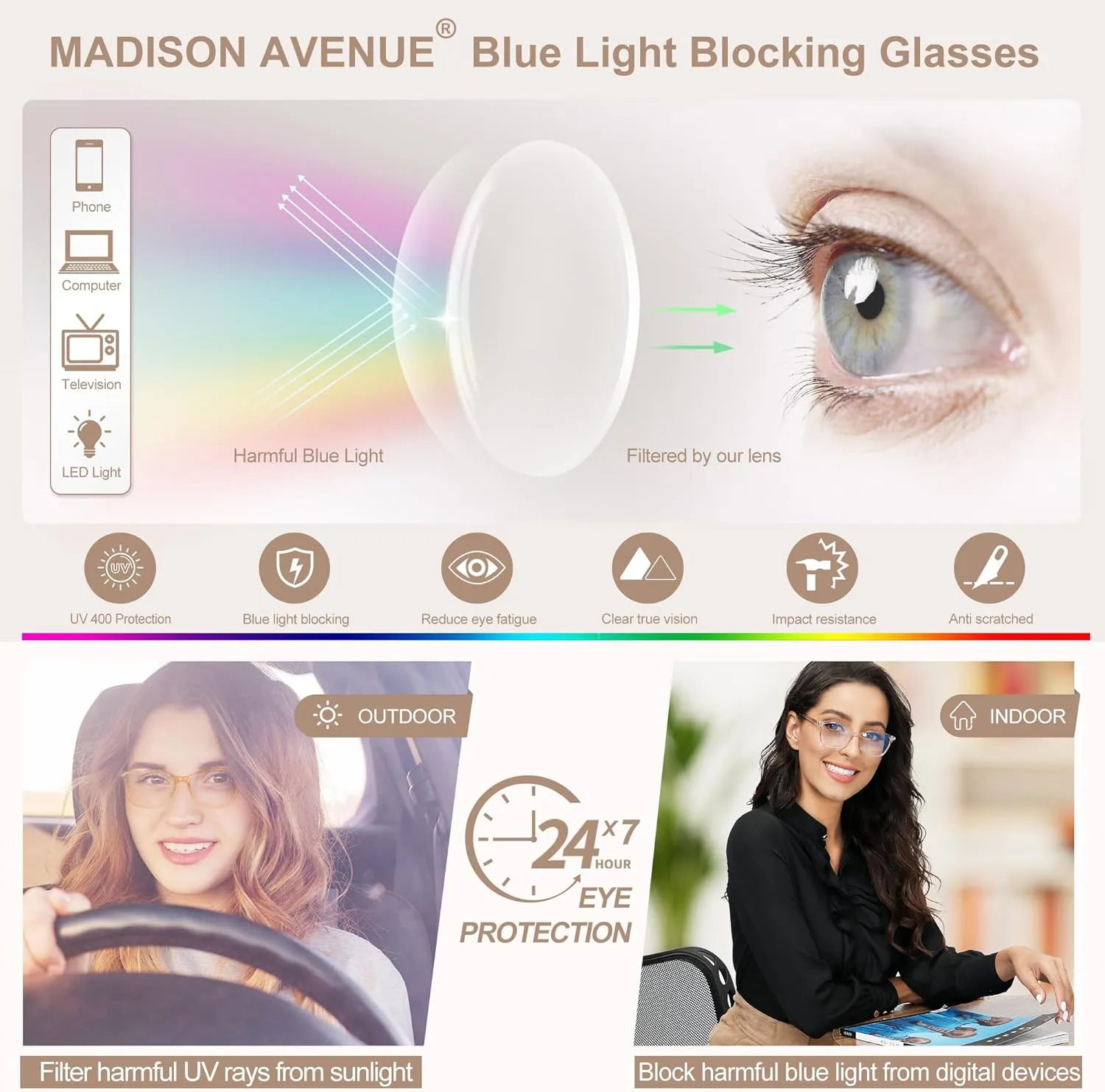 Madison Avenue Blue Light Blocking Glasses Anti Eyestrain UV Glare Blue Light Glasses for Women with Case, TV Phone Computer Gaming Eyeglasses (Coffee Brown)