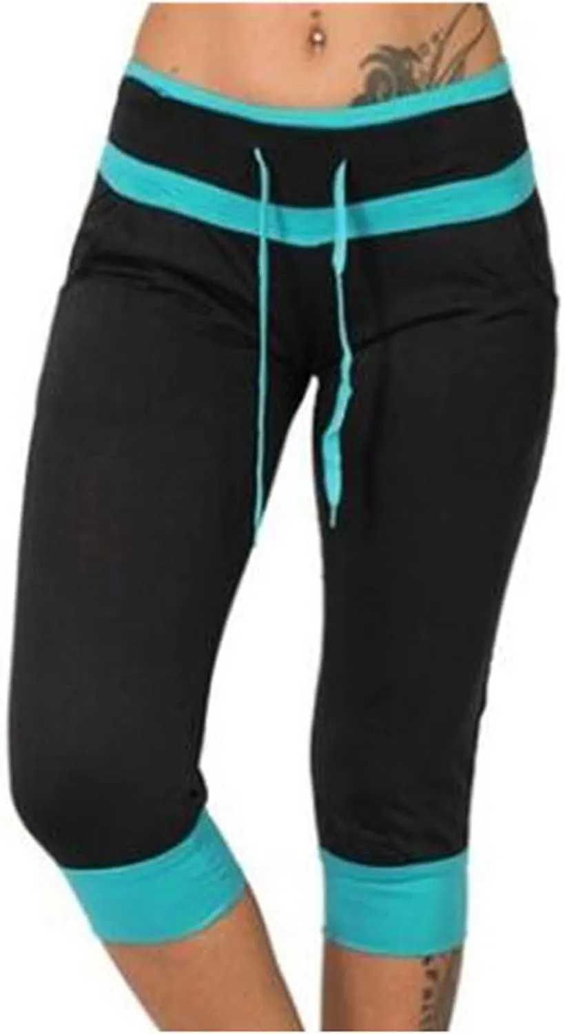 maisdgop Women's Capri Pants Fashion Summer Color Block Capris Casual Drawstring High Waist Sweatpant Slim Fitting Yoga Pant