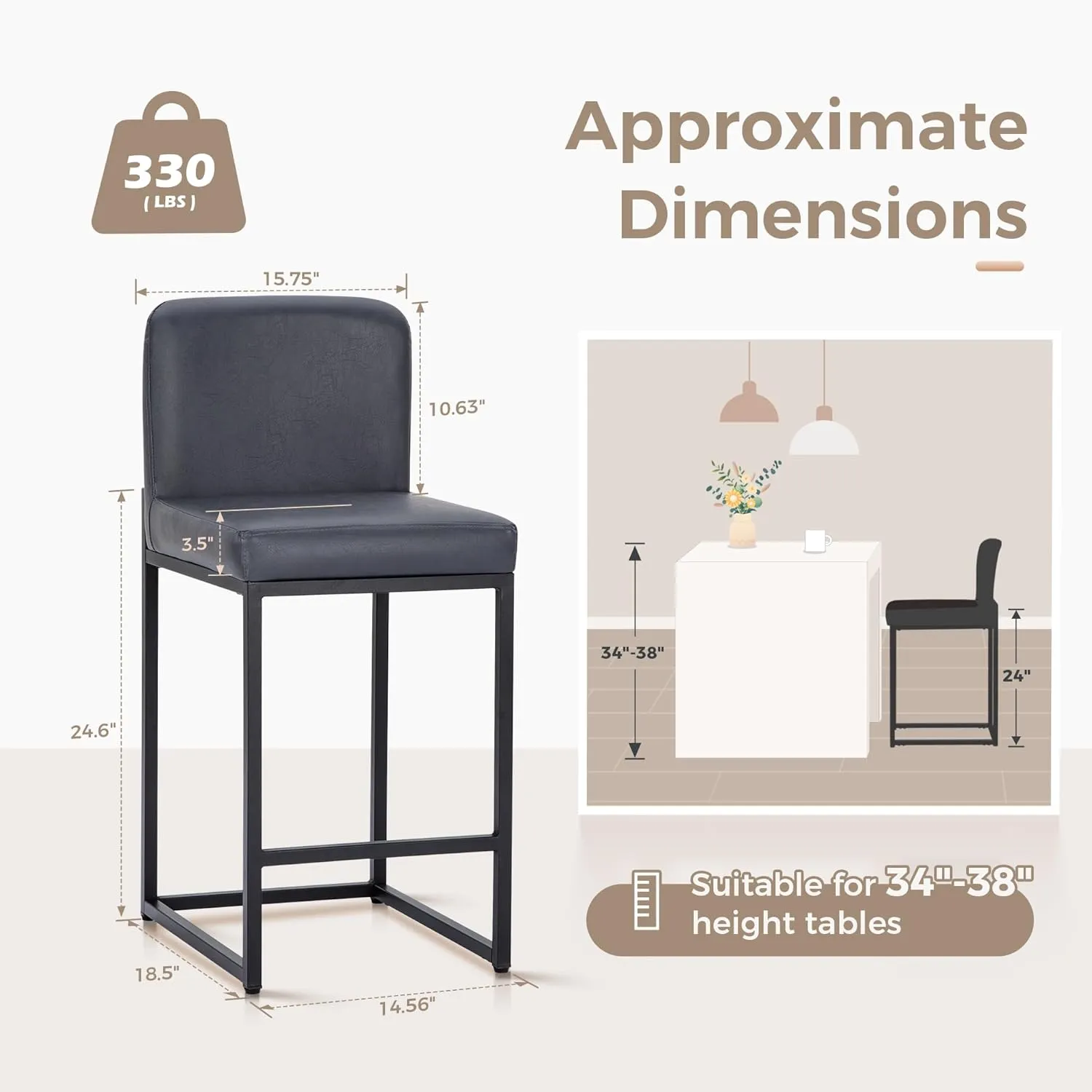 MAISON ARTS Bar Stool, 24 Inch Counter Height Barstool with Back, Gold Metal Frame, Footrest, Upholstered Faux Leather Modern Bar Chair for Kitchen Island Home Bar, Midnight Blue