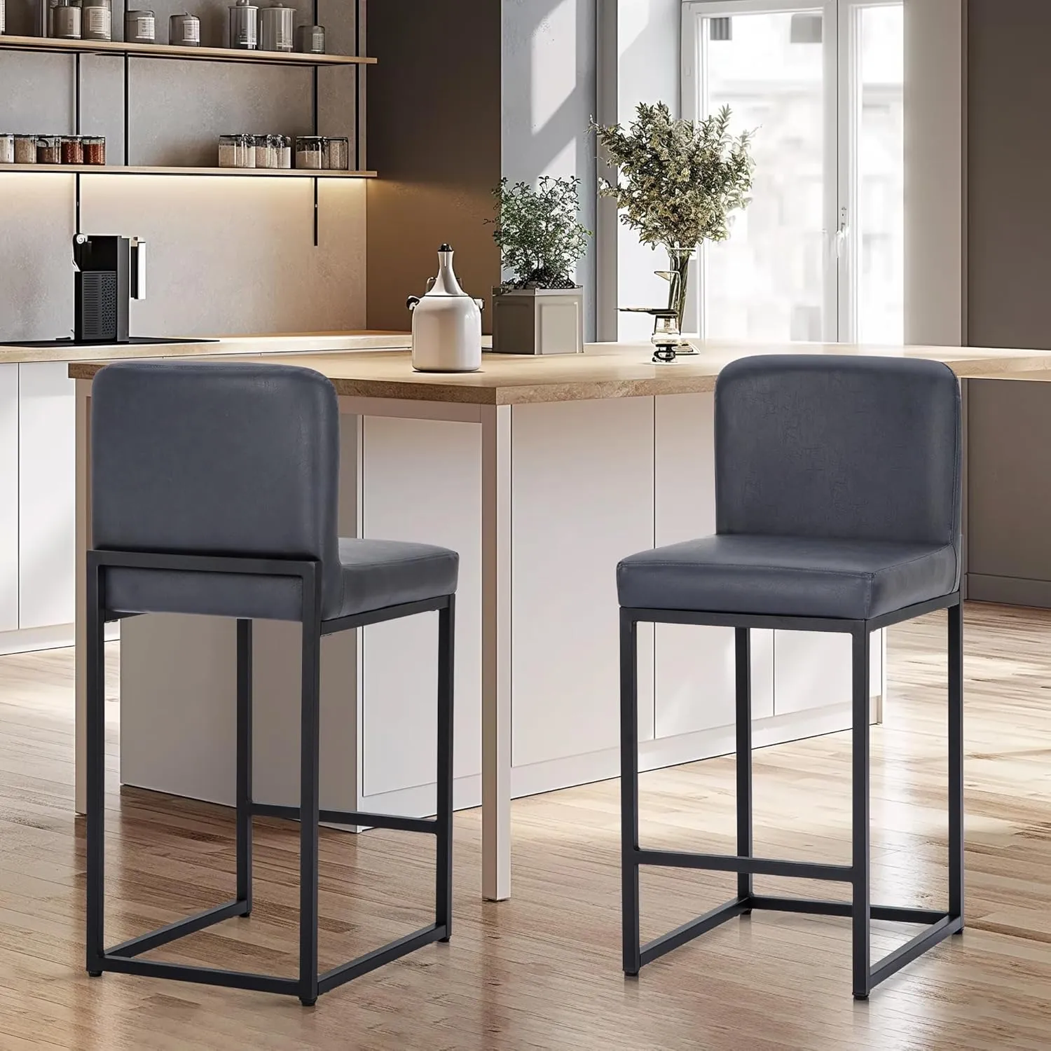 MAISON ARTS Bar Stool, 24 Inch Counter Height Barstool with Back, Gold Metal Frame, Footrest, Upholstered Faux Leather Modern Bar Chair for Kitchen Island Home Bar, Midnight Blue