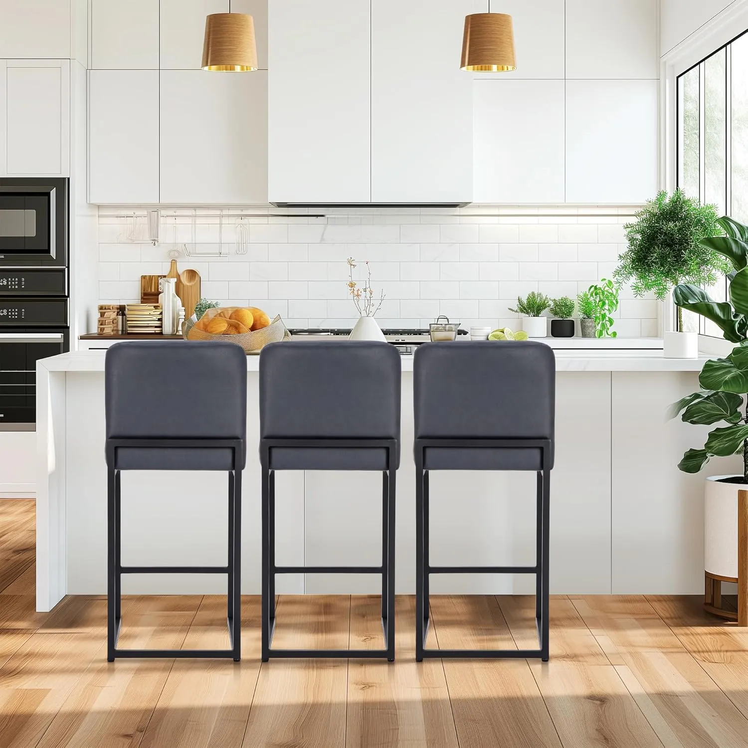MAISON ARTS Bar Stool, 24 Inch Counter Height Barstool with Back, Gold Metal Frame, Footrest, Upholstered Faux Leather Modern Bar Chair for Kitchen Island Home Bar, Midnight Blue