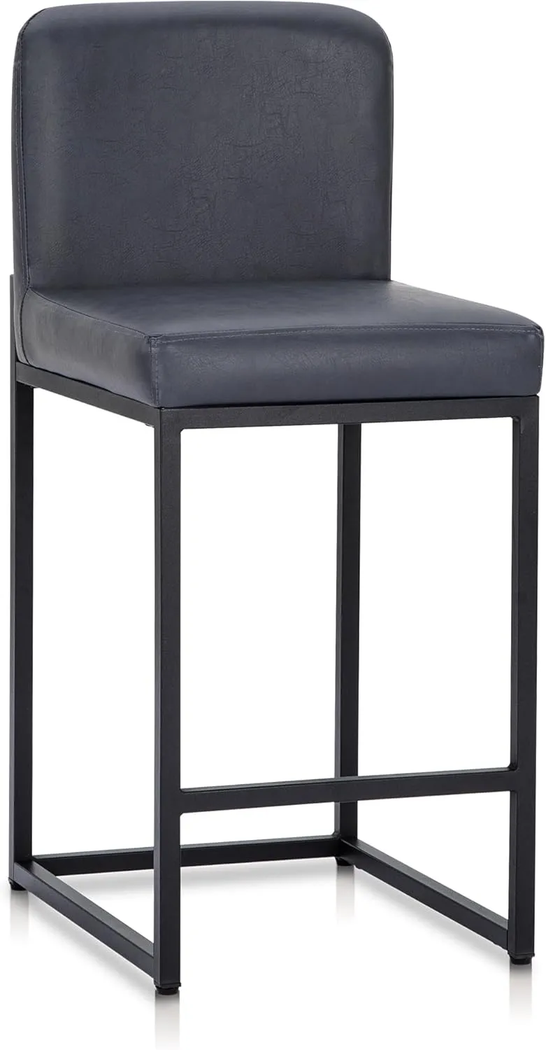 MAISON ARTS Bar Stool, 24 Inch Counter Height Barstool with Back, Gold Metal Frame, Footrest, Upholstered Faux Leather Modern Bar Chair for Kitchen Island Home Bar, Midnight Blue