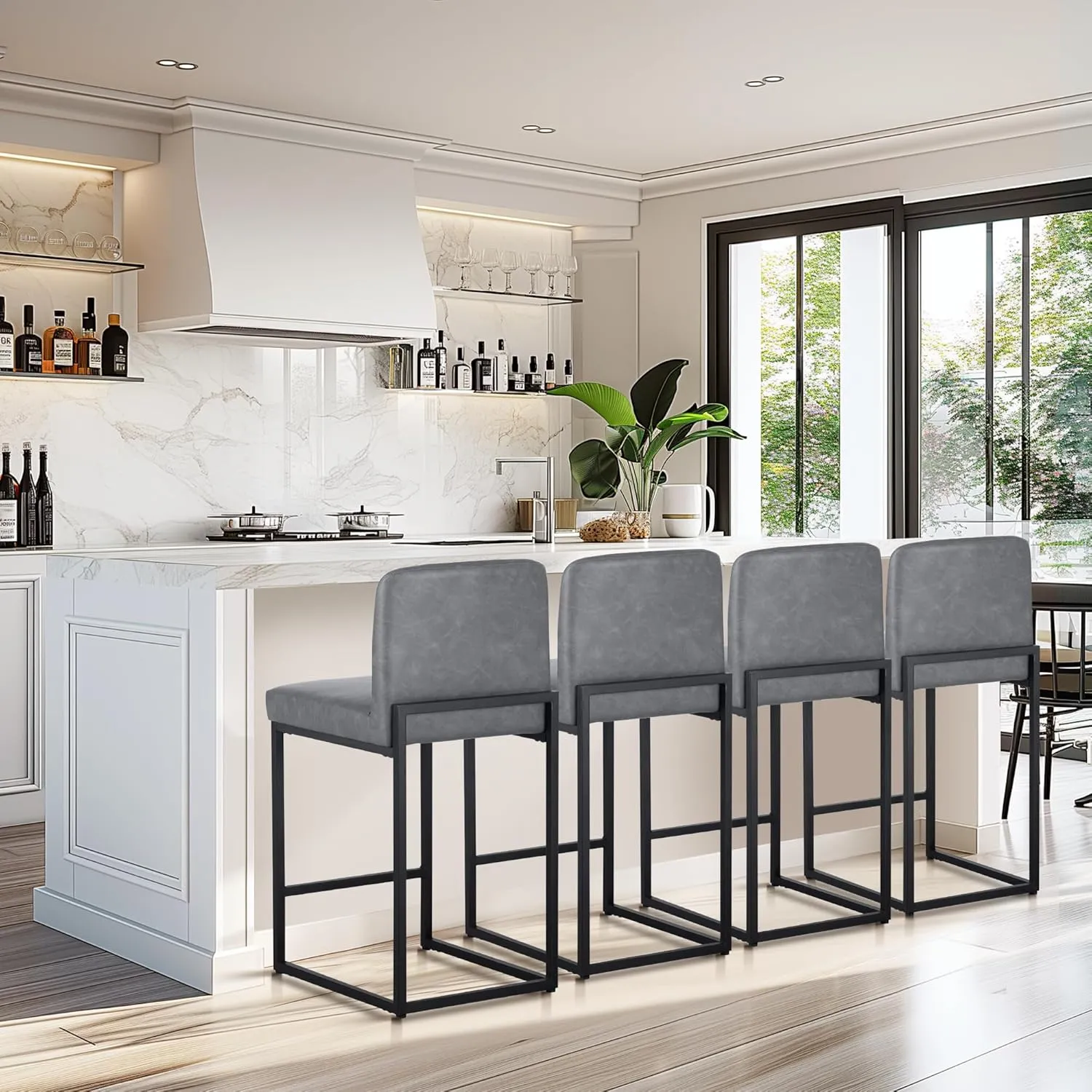MAISON ARTS Faux Leather Bar Stools, 24 Inch Counter Height Barstool with Back, Metal Legs, Footrest, Modern Upholstered Bar Chairs for Kitchen Island Home Bar, Grey