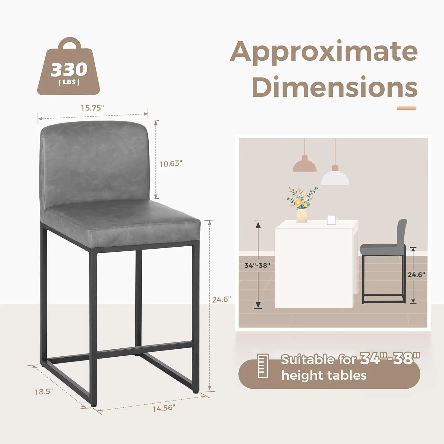 MAISON ARTS Faux Leather Bar Stools, 24 Inch Counter Height Barstool with Back, Metal Legs, Footrest, Modern Upholstered Bar Chairs for Kitchen Island Home Bar, Grey