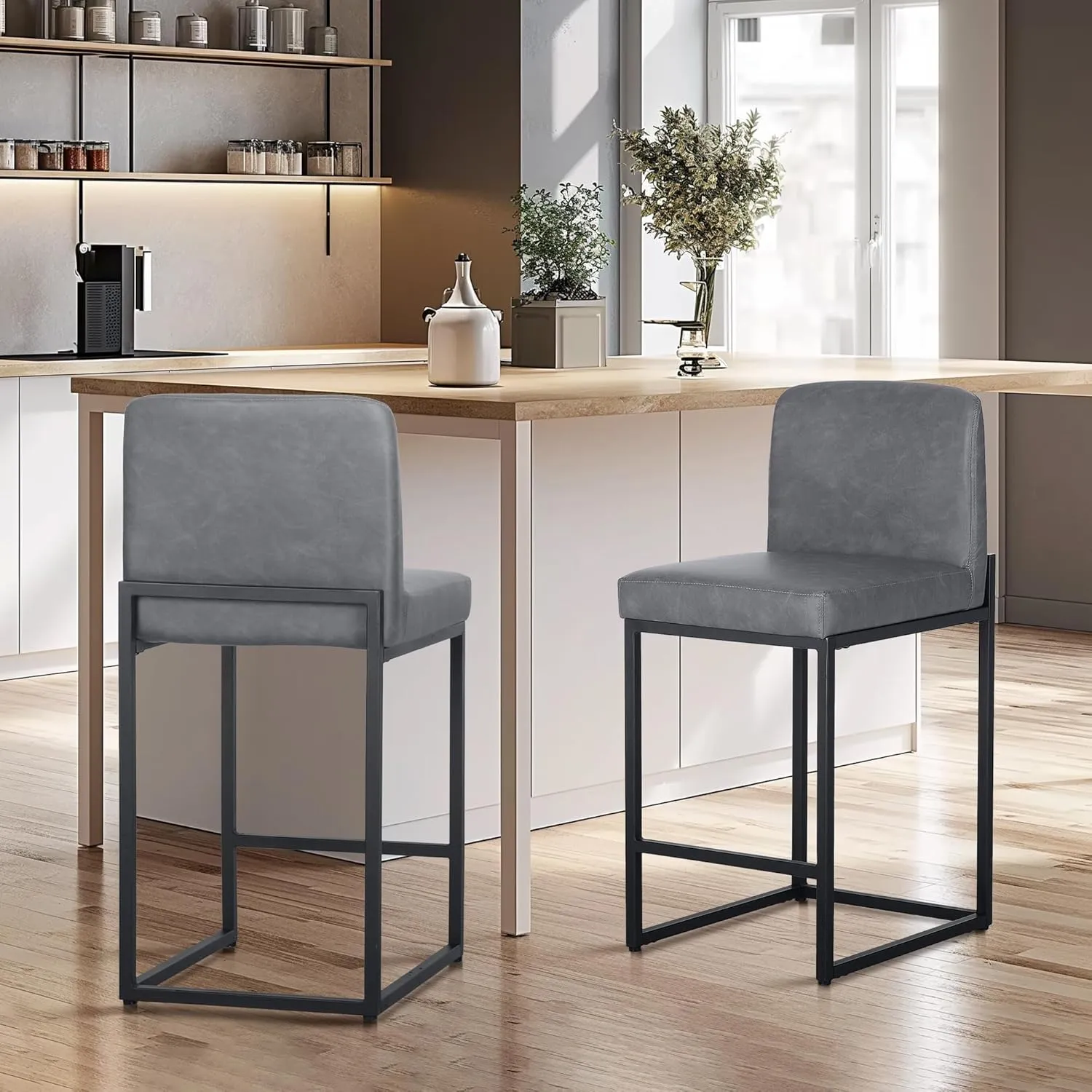 MAISON ARTS Faux Leather Bar Stools, 24 Inch Counter Height Barstool with Back, Metal Legs, Footrest, Modern Upholstered Bar Chairs for Kitchen Island Home Bar, Grey