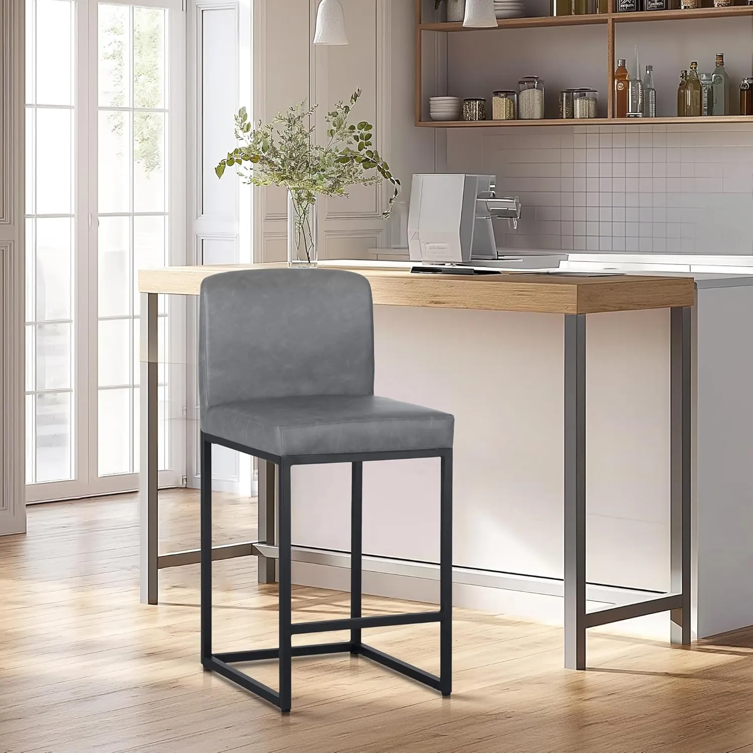 MAISON ARTS Faux Leather Bar Stools, 24 Inch Counter Height Barstool with Back, Metal Legs, Footrest, Modern Upholstered Bar Chairs for Kitchen Island Home Bar, Grey