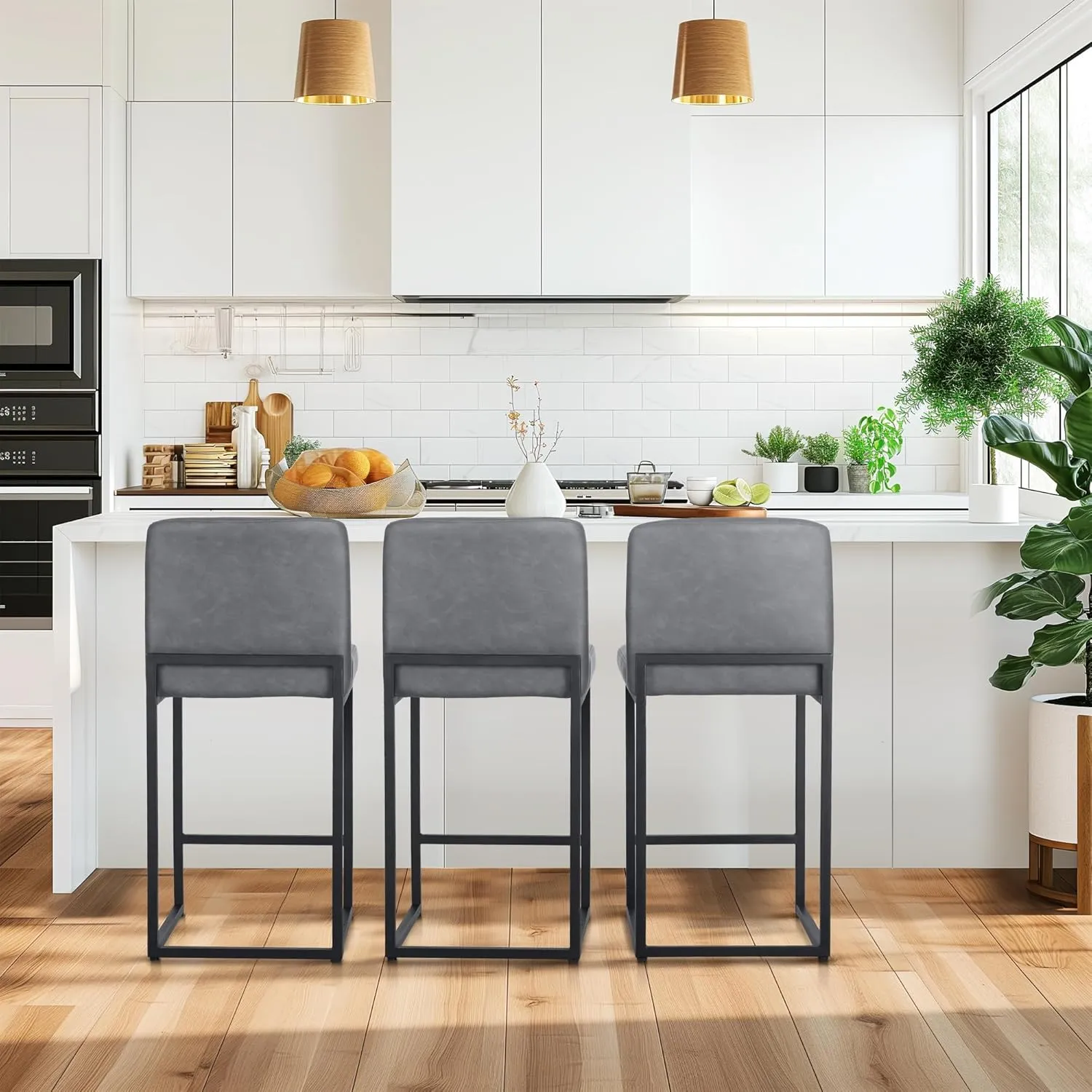 MAISON ARTS Faux Leather Bar Stools, 24 Inch Counter Height Barstool with Back, Metal Legs, Footrest, Modern Upholstered Bar Chairs for Kitchen Island Home Bar, Grey