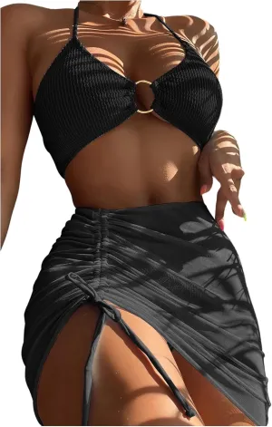 MakeMeChic Women's 3 Piece Bathing Suits Halter Ring Bikini Set with Cover Up Skirts