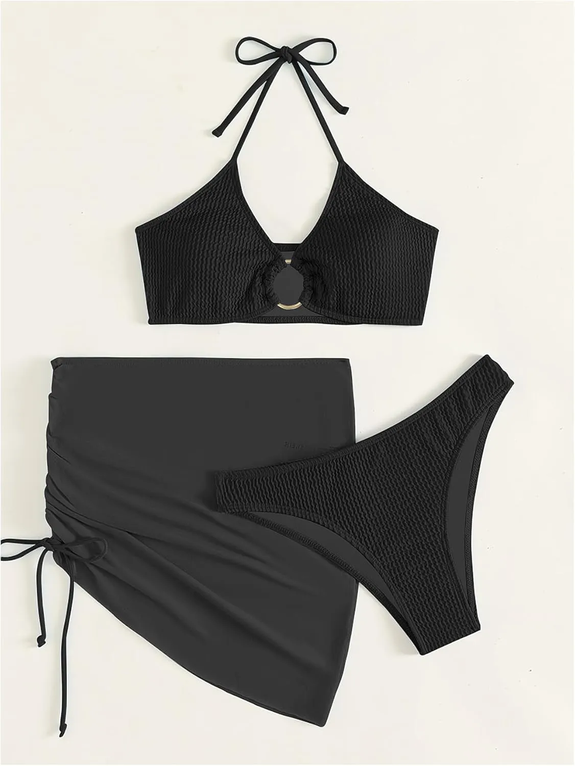 MakeMeChic Women's 3 Piece Bathing Suits Halter Ring Bikini Set with Cover Up Skirts