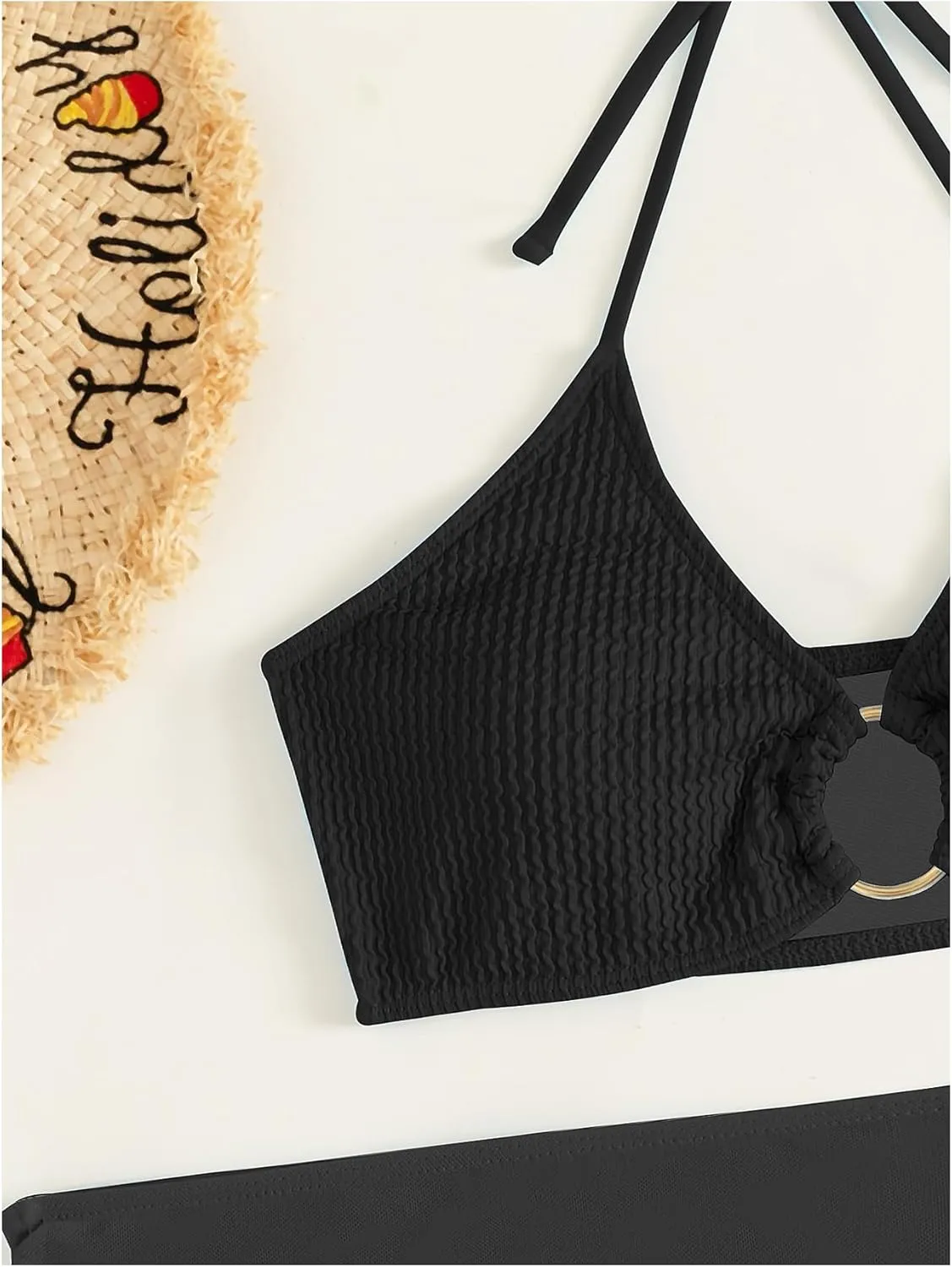 MakeMeChic Women's 3 Piece Bathing Suits Halter Ring Bikini Set with Cover Up Skirts