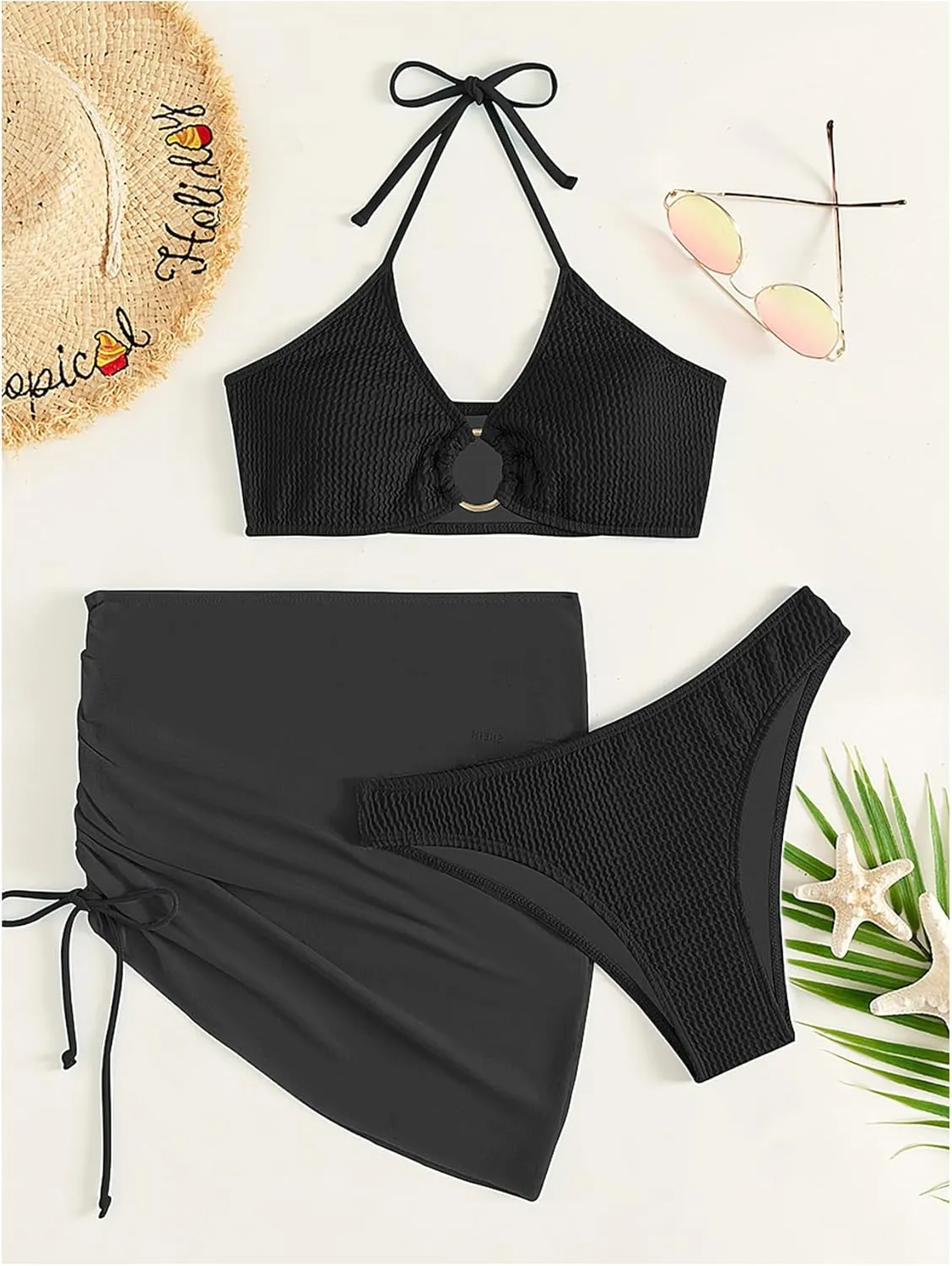 MakeMeChic Women's 3 Piece Bathing Suits Halter Ring Bikini Set with Cover Up Skirts
