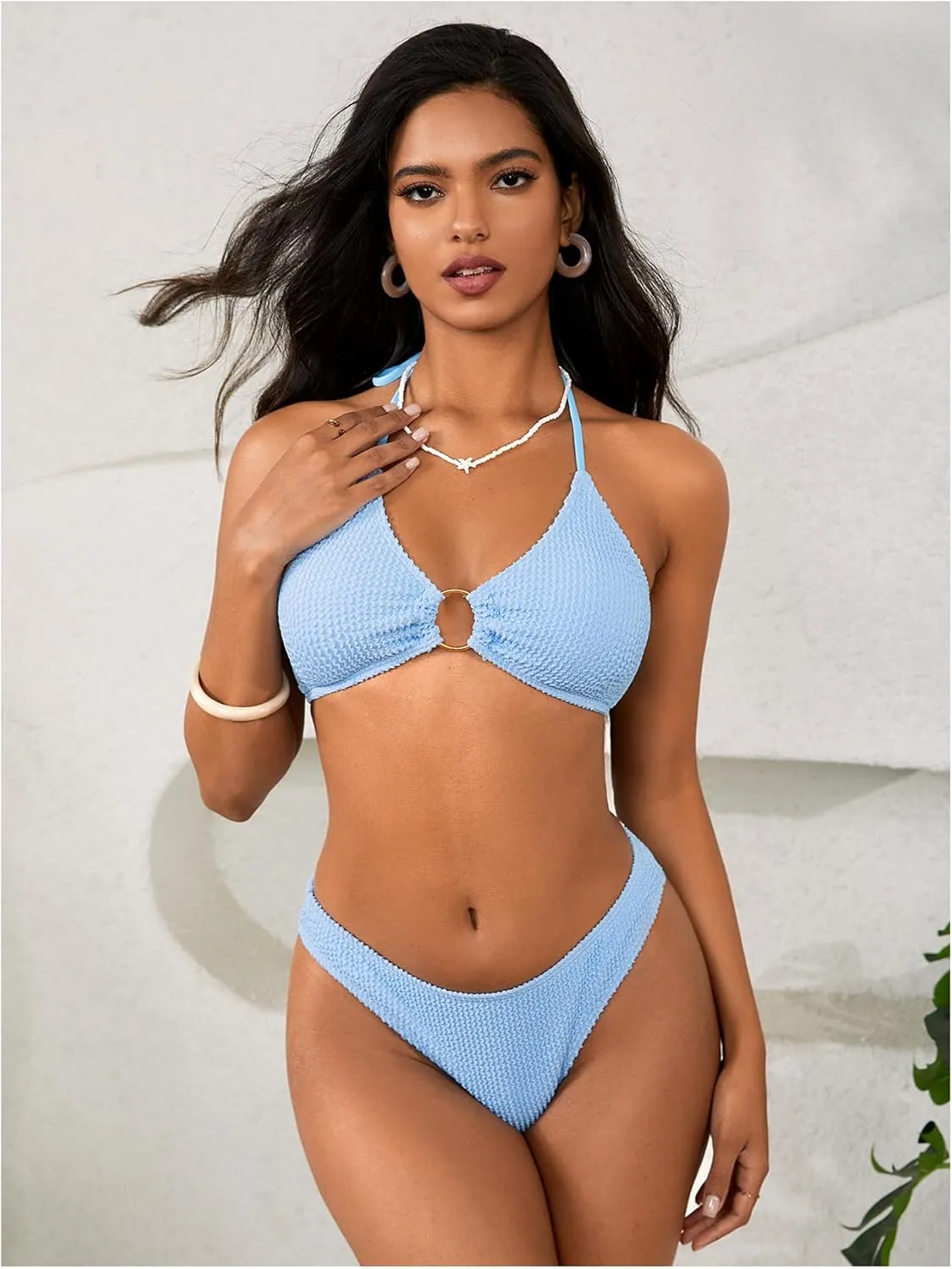 MakeMeChic Women's 3 Piece Bathing Suits Halter Ring Bikini Set with Cover Up Skirts